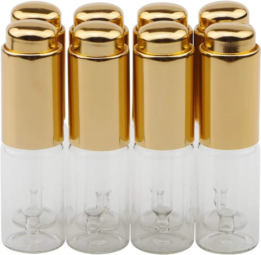 Kesell 10ml Transparent Glass Dropper Bottle with Golden Pressure Pump 0.3oz Refillable Essential Oil Portable Cosmetic Container for Travel Daily Life, Pack of 8
