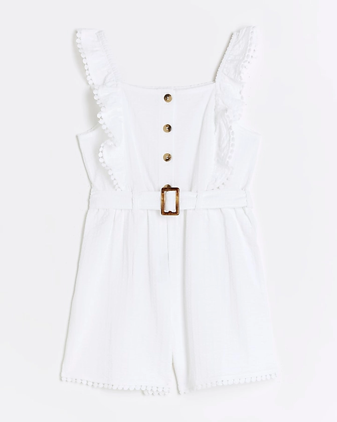 Girls white textured belted playsuit