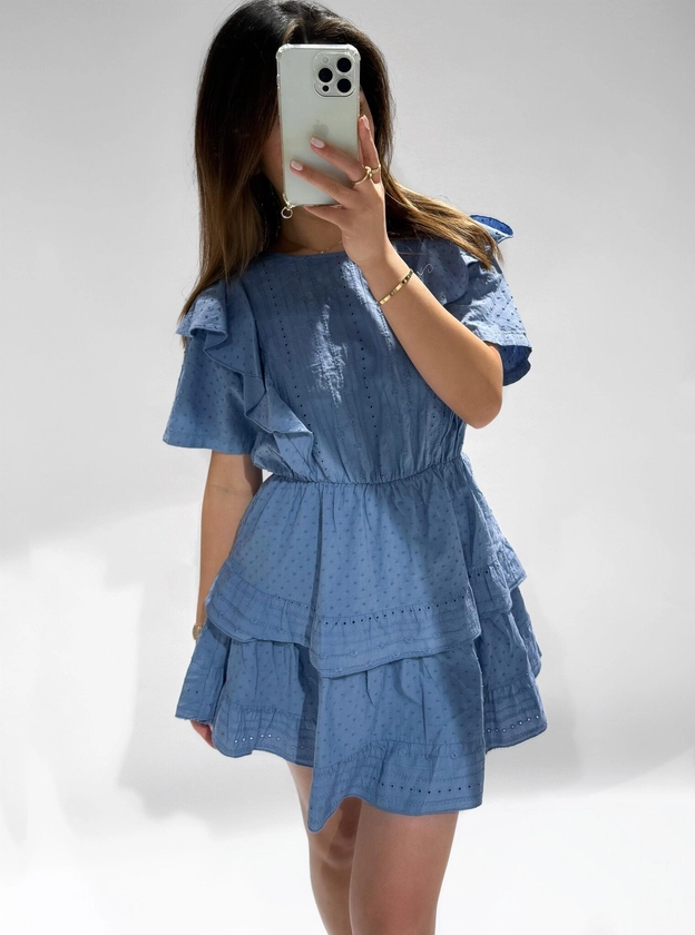 Angelica Embroidered Ruffle Dress / Denim Blue