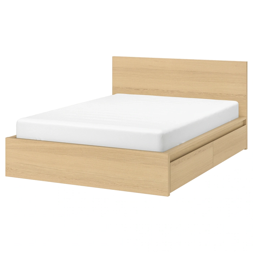 MALM Bed frame, high, w 4 storage boxes, white stained oak veneer, 180x200 cm - IKEA