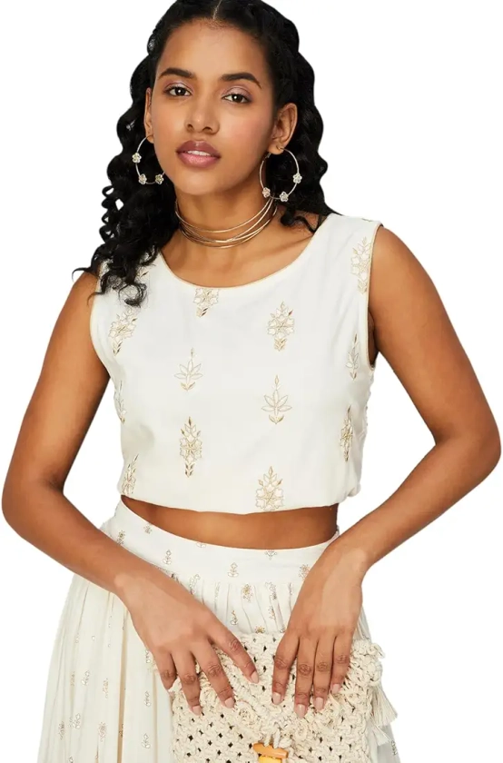 max Women Embroidered Round Neck Crop Top (TOP41009YOFF White)_XS : Amazon.in: Clothing & Accessories