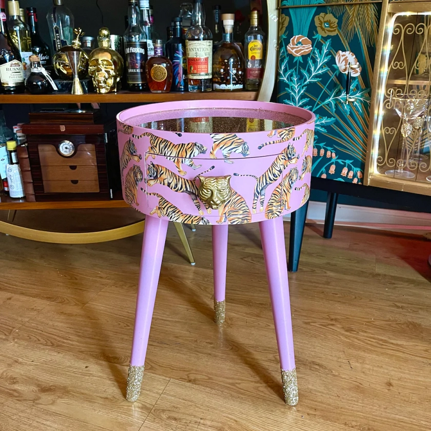 Light Pink Tiger Round Bedside Table With Glitter Top. Fun Bright Home Decor . Ideal Nightstand or Side Table. Taller Legs - Etsy