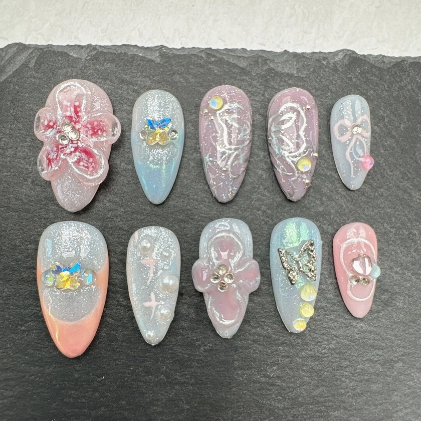 3D flower nails|gift nails|handmade nails|hand painted nails|Faux Acrylic Nails|Gel Nails|custom press on nails