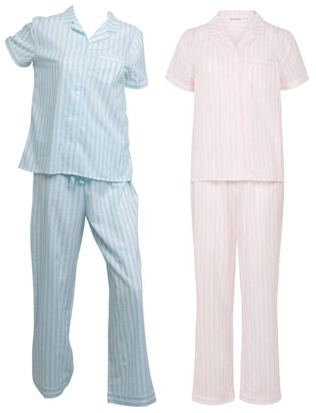 Ladies Slenderella Striped Pyjamas 100% Cotton Button Top Trouser Bottoms PJ Set
