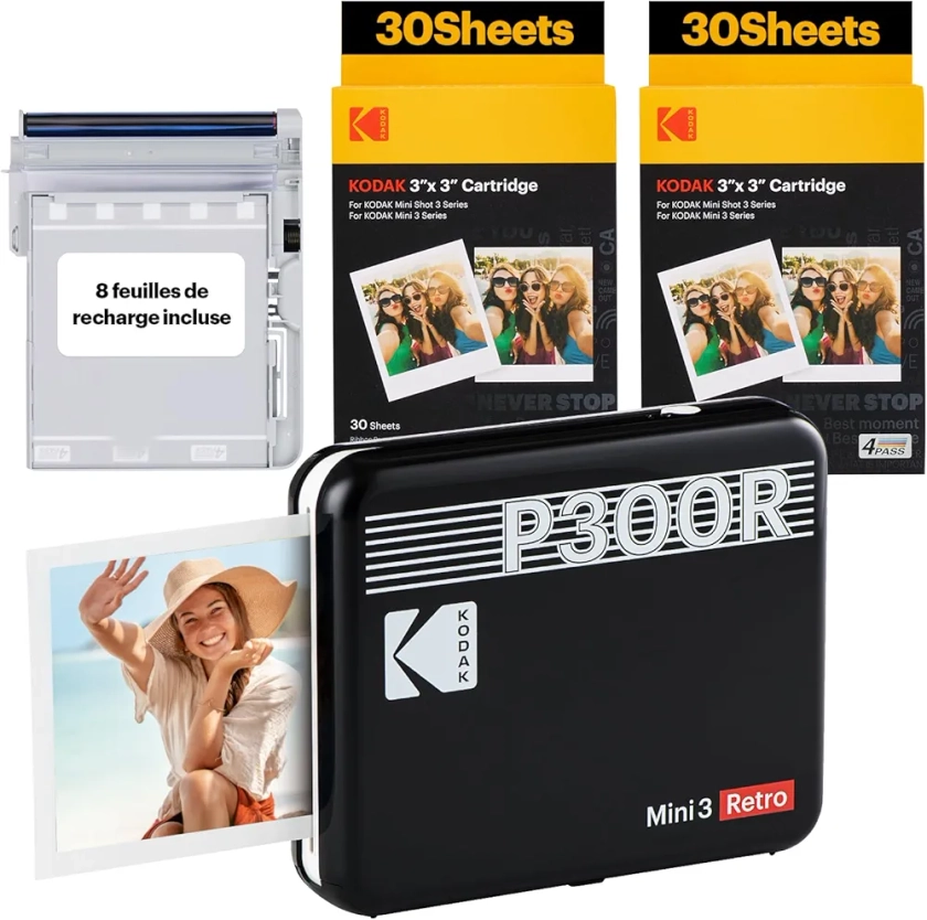 KODAK Mini 3 Retro 4PASS Imprimante Photo Portable (7,6x7,6cm) - Paquet avec 68 Feuilles, Noir