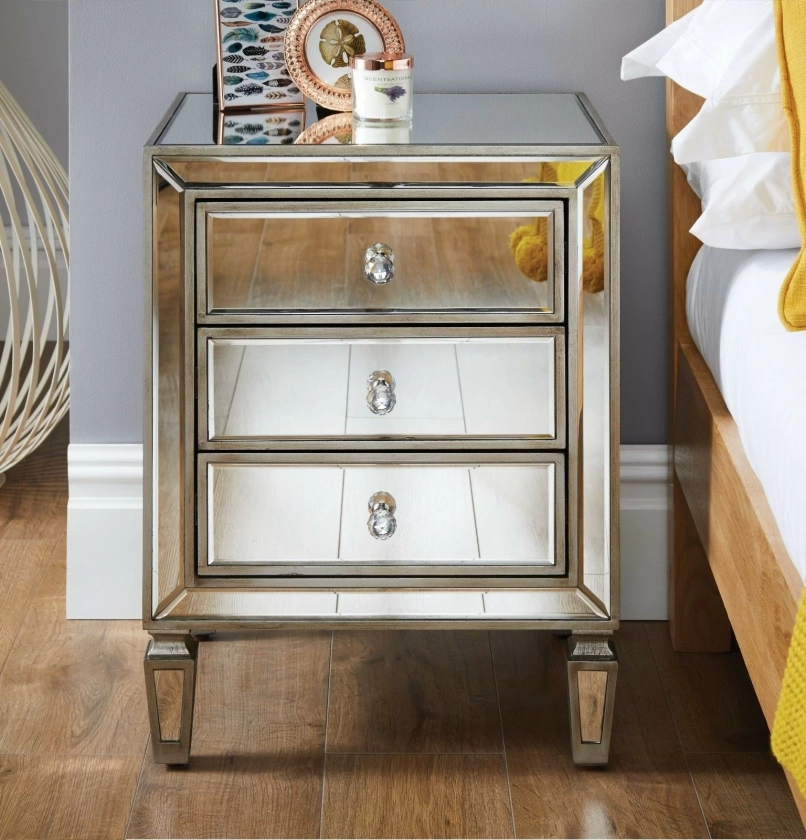 Roxbury Mirrored 3 Drawer Nightstand Modern Design Bedside Table