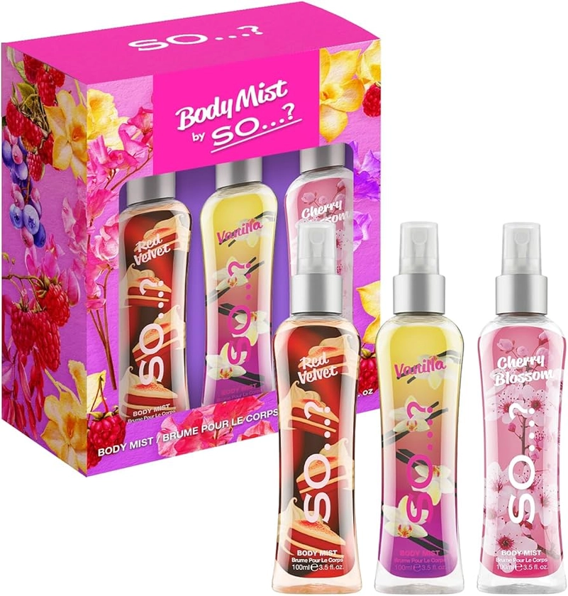 Body Mist By So…? Luscious Trio Womens Body Mist Gift Set, with Red Velvet, Vanilla, & Cherry Blossom, Fragrance Spray Set (3x100ml)