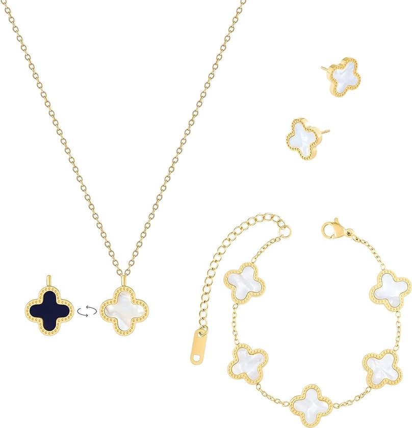 Osildde 3 PCS Jewelry Set, 18K Gold Plated Stainless Steel Necklace Pendant, Earrings, & Bracelet Ideal Gift For Women Teen Girls