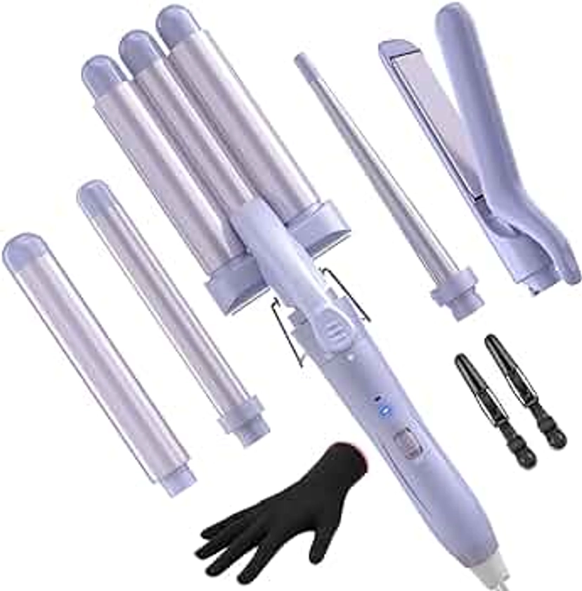 5 in 1 Wand Curling Iron-Curling Wand Set with Hair Straightener, 3 Barrels Hair Crimper Iron, 3 Ceramic Curling Irons (0.35 "-1.25"), 2 Temps Fast Heat Hair Curler Waver with Glove & Clip-Purple