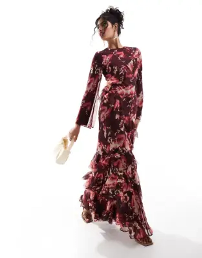 ASOS DESIGN - Robe longue à imprimé fleurs abstrait et larges volants avec manches longues évasées - Bordeaux