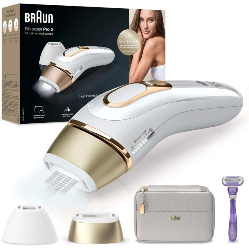 Épilateur à lumière pulsée Braun Silk·expert Pro 5 avec pochette, tête de précision et rasoir Venus PL5157