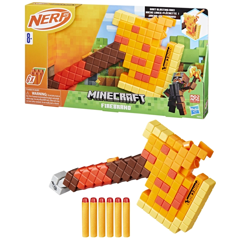 Nerf Minecraft Firebrand, Dart Blaster Axe, 6 Elite Foam Darts, Kids Toys for Outdoor Summer Games Ages 8 and Up