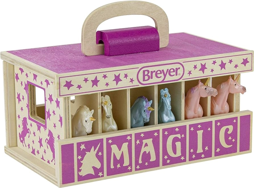 Breyer Bandai Unicorn Magic Wooden Stable Playset, 6 Stablemates 10cm 1:32 Scale Unicorn Toys And Wood Carrying Stable, Plastic Animal Figures Make Great Unicorn Gifts For Girls And Boys