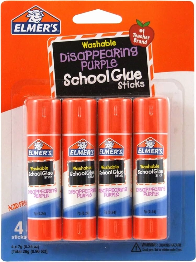 Amazon.com: Elmer's Disappearing Purple School Glue Sticks, 0.24 oz Each, 4 Sticks per Pack (E543) : Industrial & Scientific