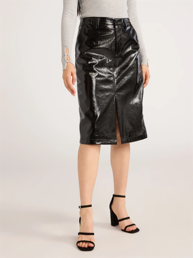 Scoop Women’s Ultimate Faux Patent Leather Front Slit Midi Skirt, Sizes 0-20