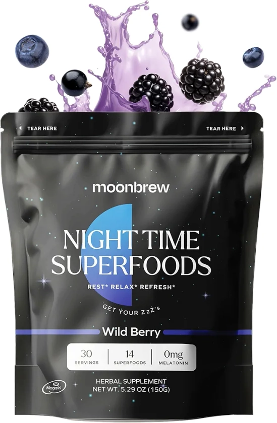 MoonBrew Magnesium Wild Berry: Natural Melatonin-Free Sleep Aid | 14 Superfoods with Magnesium Glycinate & Adaptogens | Keto & Vegan | Enjoy Hot or Cold - 30 Servings