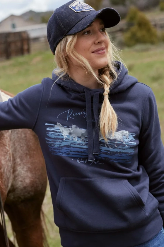 Topaz Eco Horse Front Print Popover Hoodie Navy