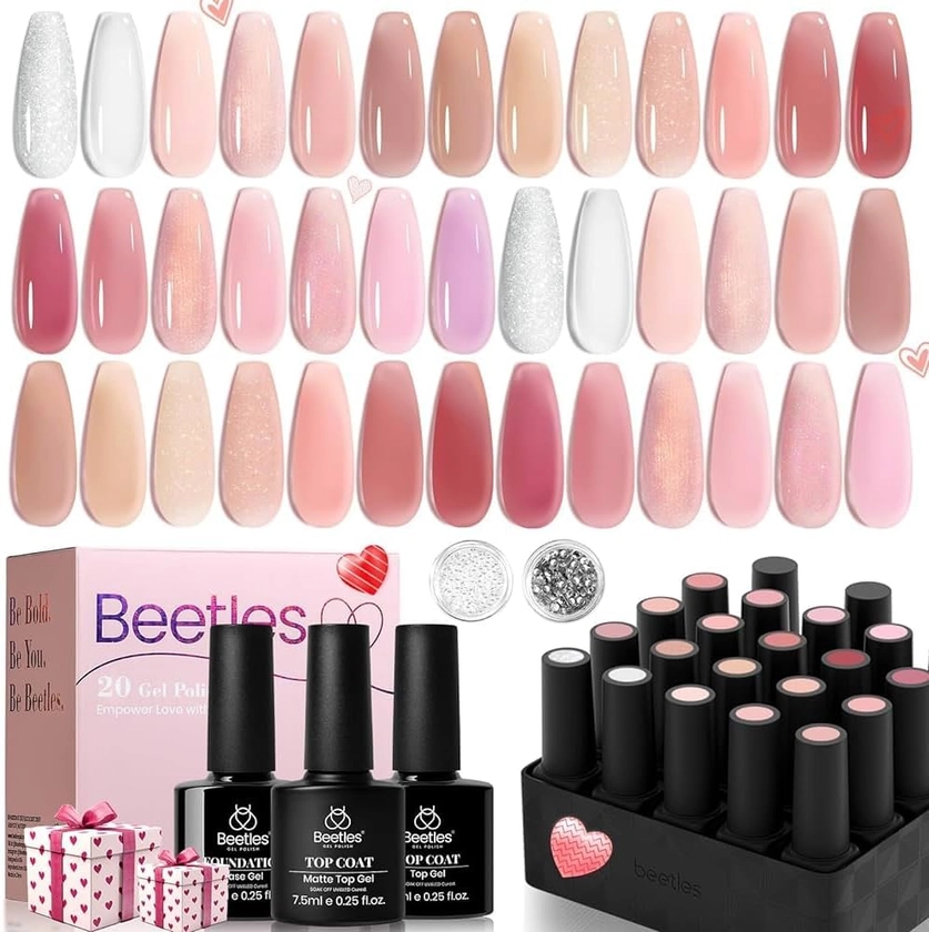 Beetles Pink Nude Gel Nail Polish Set, 20 Colors Neutral Jelly Pink Sheer Glitter White Color Soak Off UV Gel Kit with Base Gel Glossy Matte Top Coat DIY Manicure Gifts