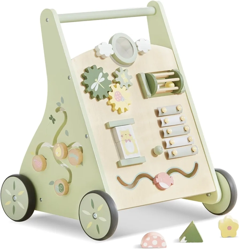 Beright Wooden Baby Walker Push and Pull Learning Activity Walker Kids’ Activity Toy Multiple Activities Center Develops Motor Skills & Stimulates Creativity(Green)