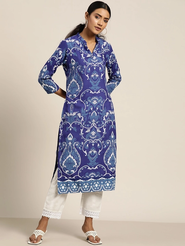 Sangria Women Blue & Off-White Ethnic Motifs Printed Kurta