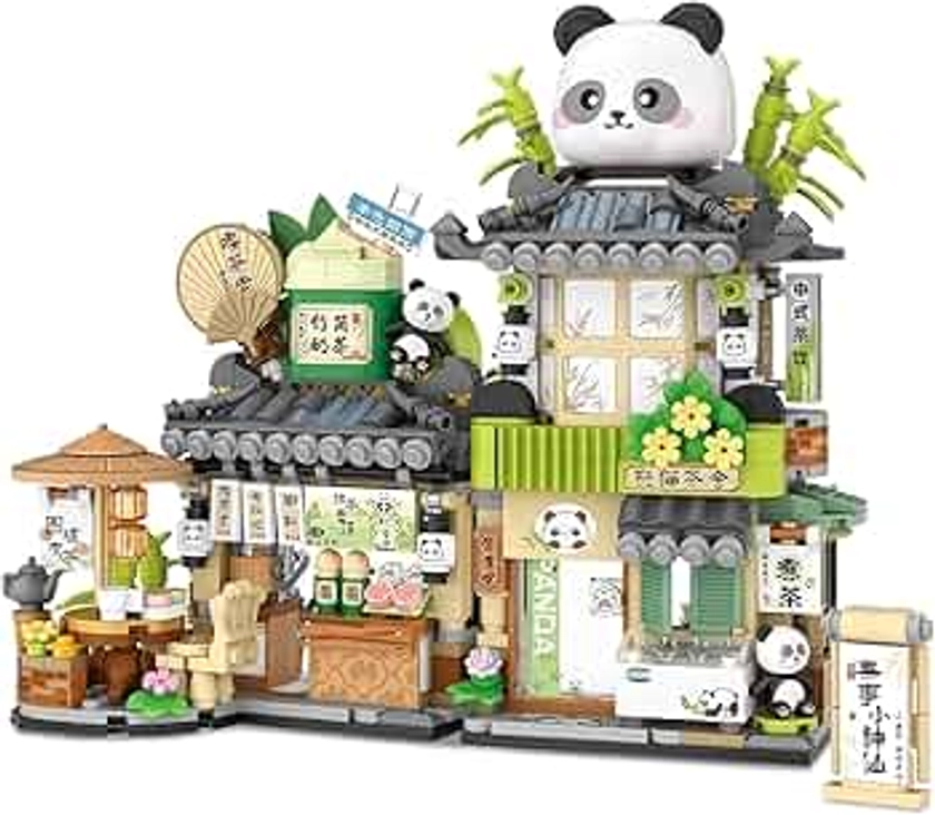 QLT Street View Tea Shop Mini Building Blocks, Not Compatible with Lego Panda House Creative Cute Animals Building Set for Girls 6-12 Architecture Construction Toy, Gift for Kids Adults (860PCS)