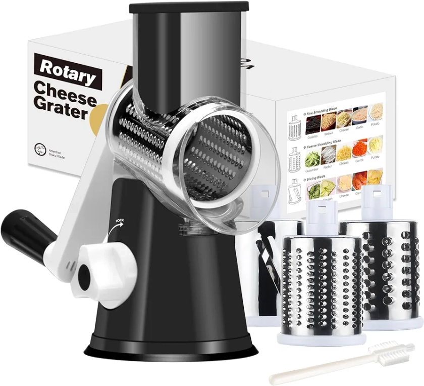 Rotary Cheese Grater Cheese Shredder - Cambom Kitchen Manual Cheese Grater with Handle Vegetable Slicer Nuts Grinder 3 Replaceable Drum Blades and Strong Suction Base Free Cleaning Brush