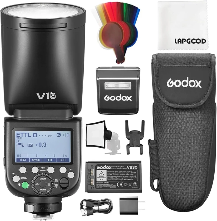 Godox V1 Pro-C V1pro C TTL Rundkopf Kamerablitz für Canon,78Ws 2,4G HSS 1/8000s Li-Ion Blitzgeräte mit Externer Blitz SU-1,LED-Modellierlampe Godox Blitz Canon