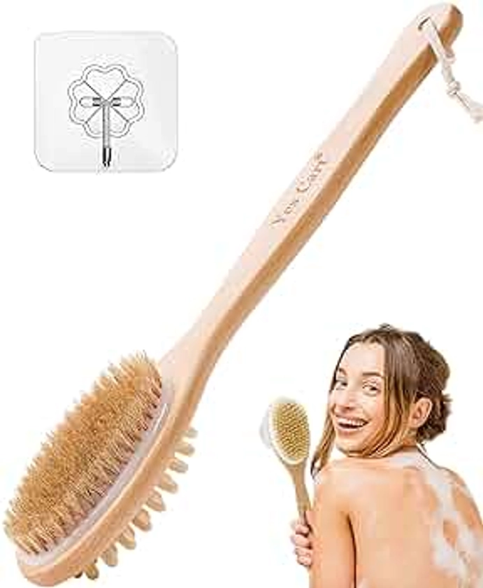 Yes Cart Back Scrubber for Shower - Soft 2 in 1 Shower Brush with Long Handle | Natural Bristles Bath Brush | 40cm Back Brush Long Handle for Shower l Back Scrubbers for Use in Shower