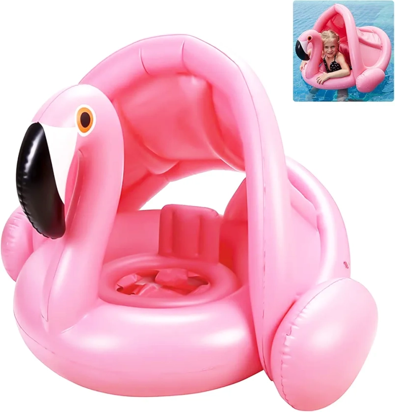 Anneau de Natation pour bébé,Bouee pour Bebe avec Toit,Bouée Flamant Rose,Bouee Piscine Bebe,Bouée Siège Gonflable pour Bébé,Bouee Bateau pour Bébé Ajustable,Flotteur bébé de 6 Mois à 48 Mois