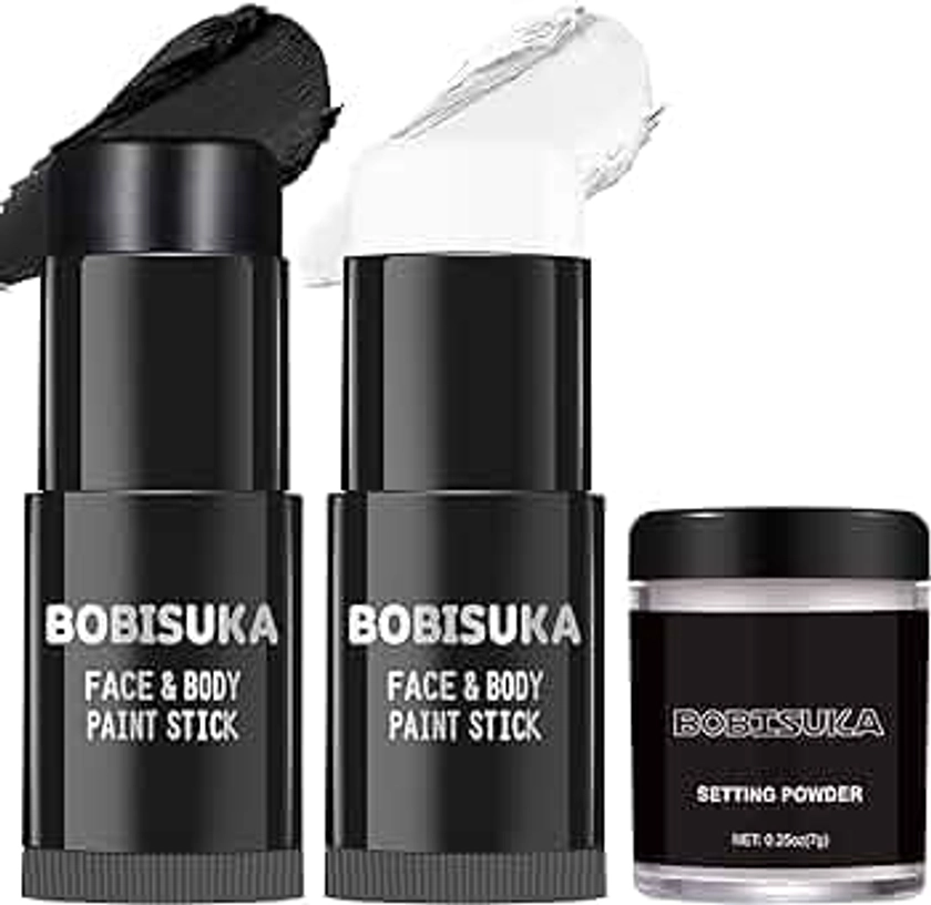 BOBISUKA Black White Face Paint Stick with Setting Powder Set, Eye Black Sticks for Sports, Body Paints for Clown Skeleton Vampire Skull Cosplay Special Effects Costume SFX Halloween Makeup Kit