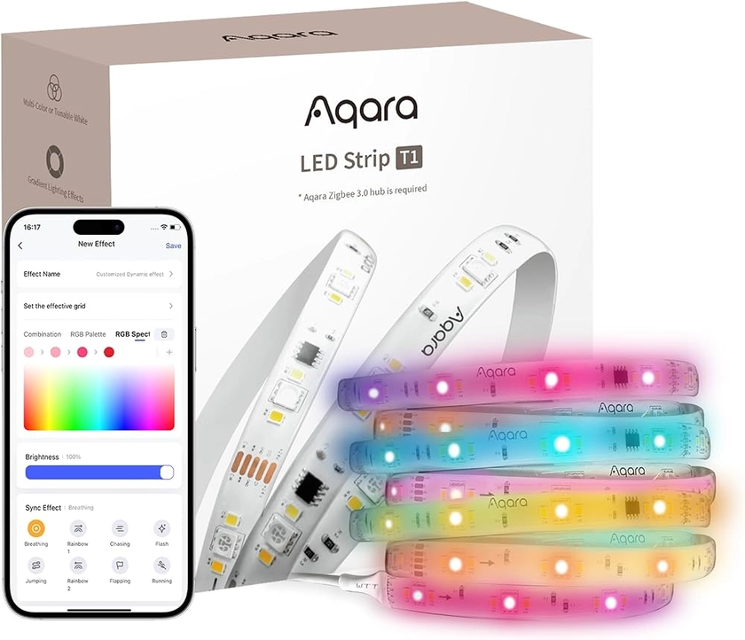 Aqara Ruban LED T1 avec Matter, NÉCESSITE HUB Zigbee 3.0, 2M RGB + IC Lumineux LED avec 16 Millions de Couleurs/Blanc Accordable/Effets de Dégradé, Supporte Apple Home, Google Home et Alexa