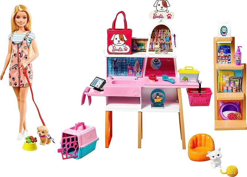 Barbie Doll (11.5-in Blonde) and Pet Boutique Playset with 4 Pets, Color-Change Grooming Feature and Accessories, Great Gift for 3 to 7 Year Olds, GRG90