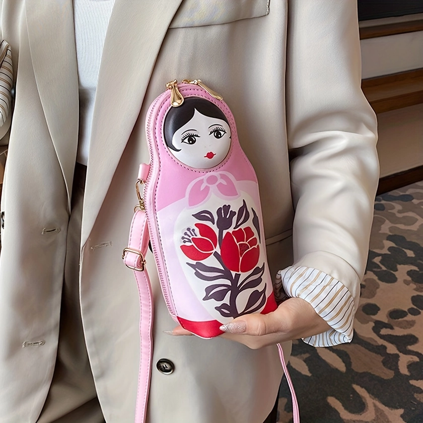 Russian Doll Shape Shoulder Bag, Funny Creative Crossbody Bag, PU Leather Novelty Purse For Women