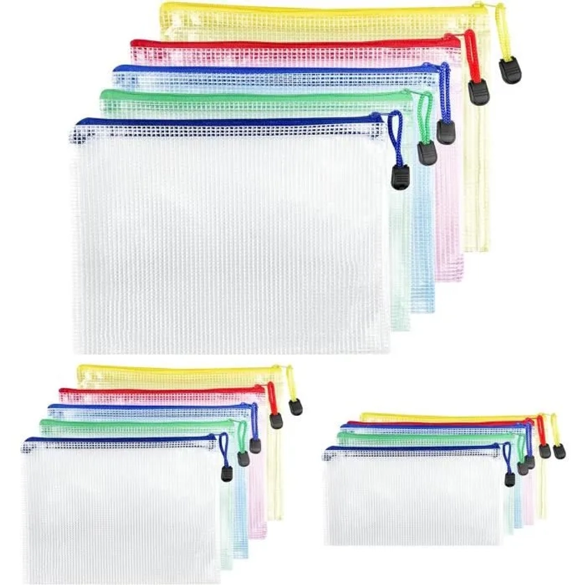 15 Pièces Pochette Document Zippée A4+A5+A6, PVC Mesh Zipper Pouch Etanche, Document Dossier Pochette 5 Couleurs, Chemise Zippée