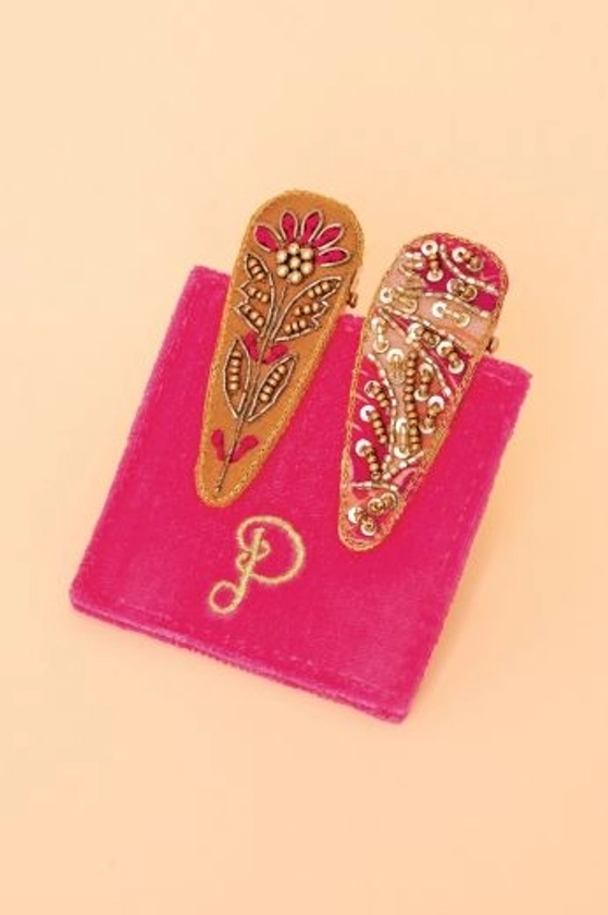 Powder - Floral Stem/60s Abstract Jewelled Hair Clips - Mustard