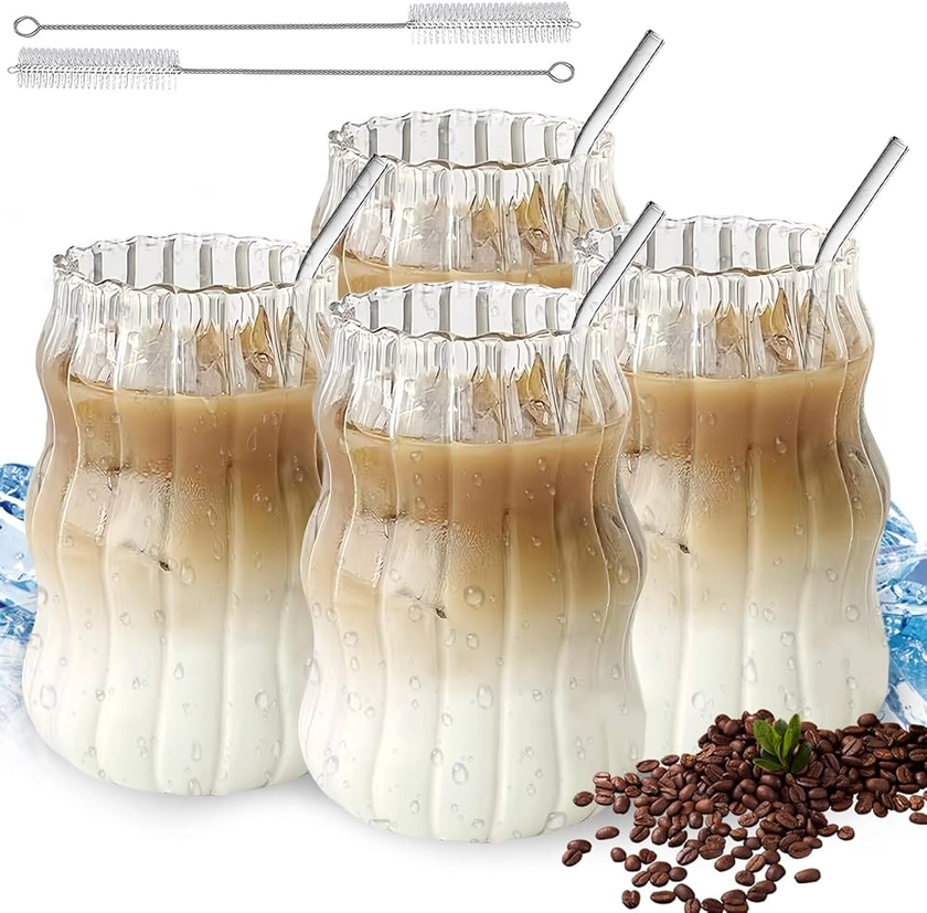 Lot de 4 verres à latte macchiato de 500 ml : verres à café verres à double paroi avec paille et brosse douce, tasses à cappuccino pour cappuccino latte thé glacé thé glacé lait américain glacé