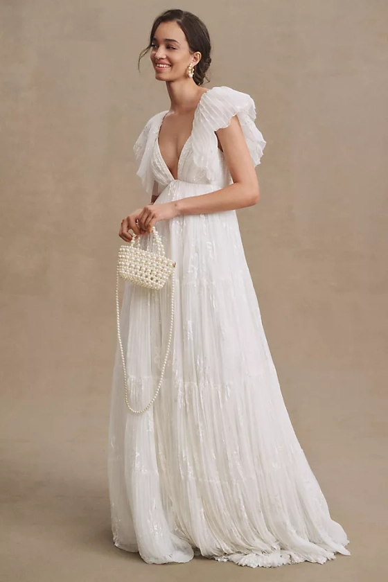 BHLDN Valentina V-Neck Flutter-Sleeve Empire-Waist Wedding Gown