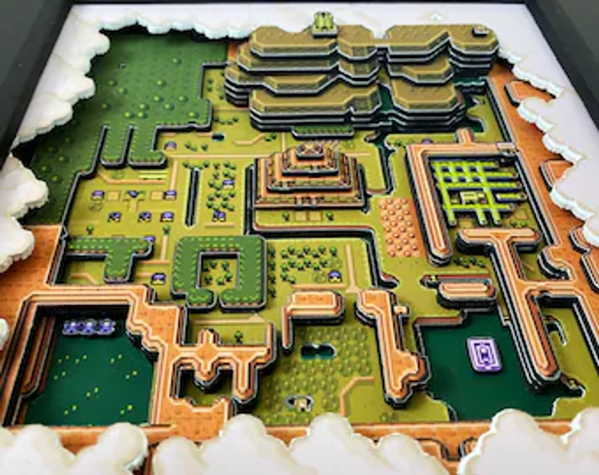 Nintendo - Zelda A Link to the Past - Shadow Box - Effet 3D - Art mural - Édition limitée - Carte du monde lumineuse - Série Rétro