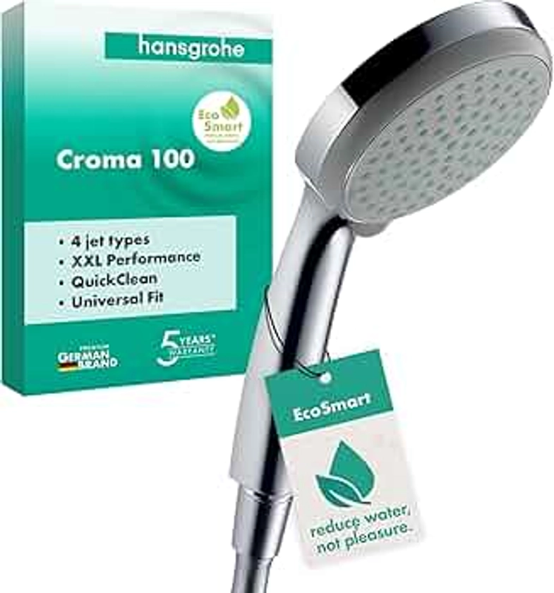 hansgrohe Croma 100 - Pommeau de douche économie d'eau avec 9 l/min (EcoSmart), Douchette à main avec 4 types de jet, Douchette ronde (diamètre 100 mm), Chromé, 28537000