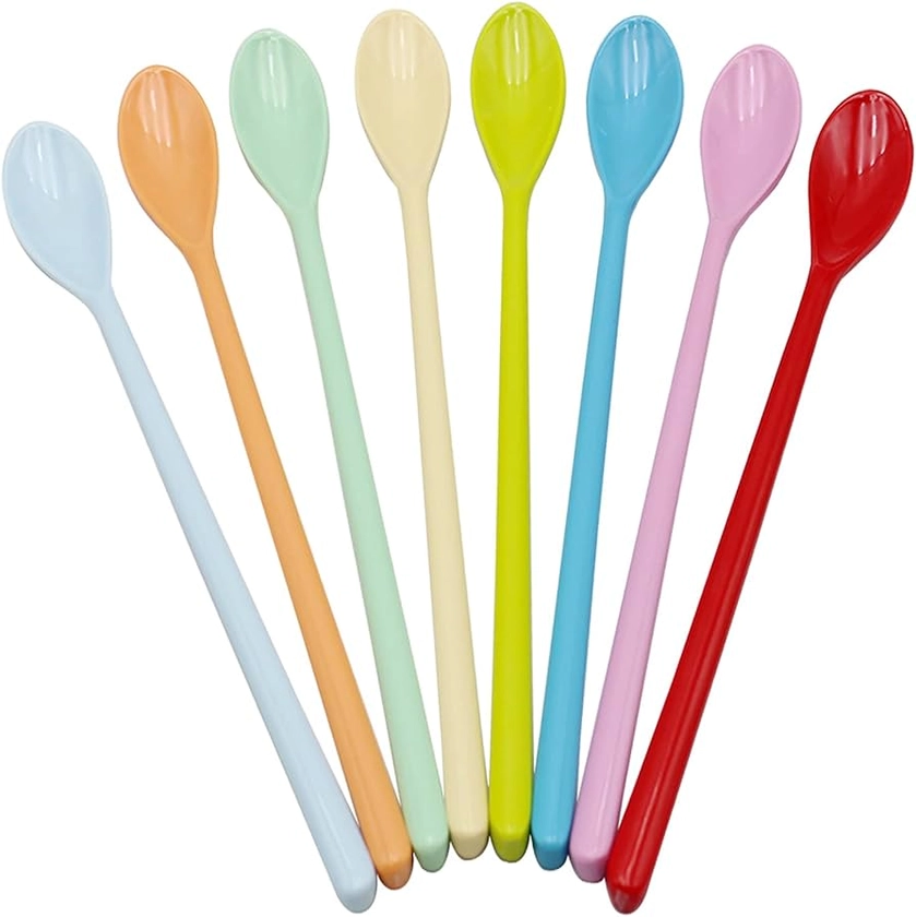 Goeielewe Set of 8 Mixing Spoon Melamine Long Espresso Spoons, Colorful Latte Spoon, Dessert Ice Cream Spoon, Cocktail Stirring Spoons for Latte Coffee Dessert, 8.8-Inch (Random Color)