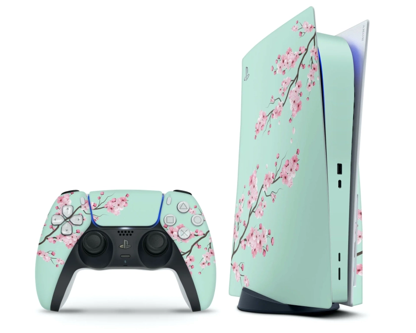 Teal Cherry Blossom PS5 Skin