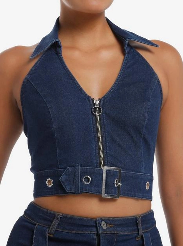 Dark Indigo Grommet Buckle Strap Denim Girls Halter Top | Hot Topic