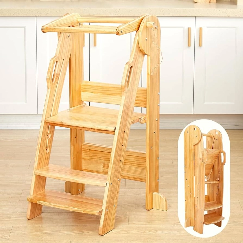 FUNLIO 3-Level Height Adjustable Toddler Kitchen Stool Helper, Foldable Toddler Tower for Kids 2-6 Years, Montessori Standing Tower for Learning with Safety Rails, Easy to Assemble, CE&CPC Approved