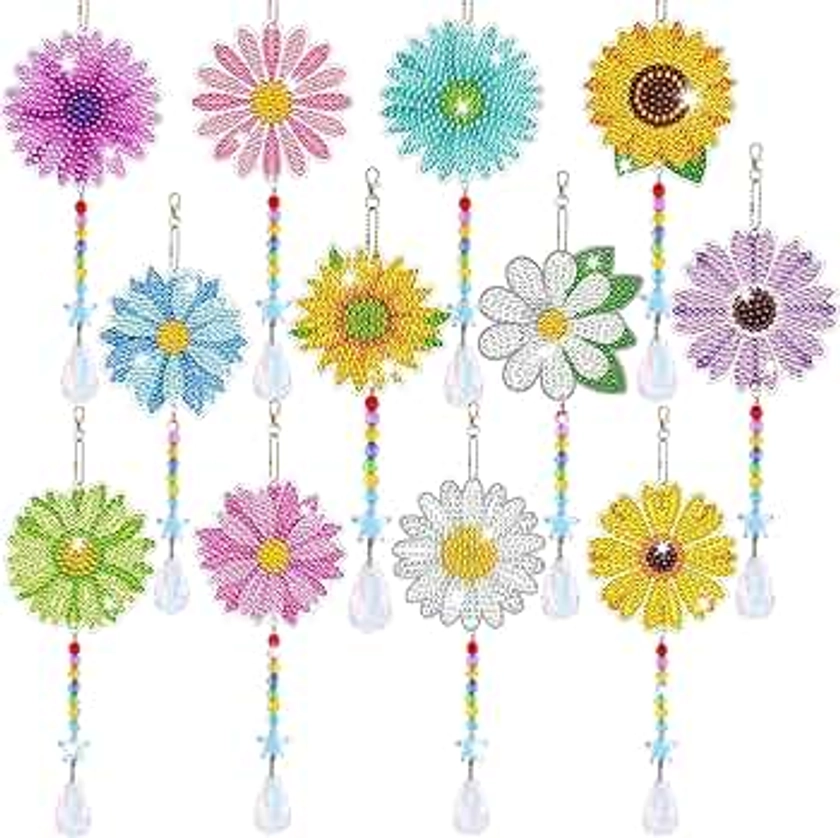 Diamond Painting Floral Wind Chimes - 12 Pieces Daisy Sunflower Ornaments Art Kits for Spring Home Garden Outdoors Exquisite DIY Decor