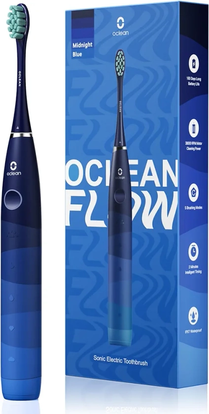 Oclean Flow, Brosse à Dents Électrique, 5 Modes avec Blanchiment, Brosse à Dents Sonique avec Autonomie de 180 Jours, Minuterie 2 Min & Rappel 30s, IPX7 - Blue