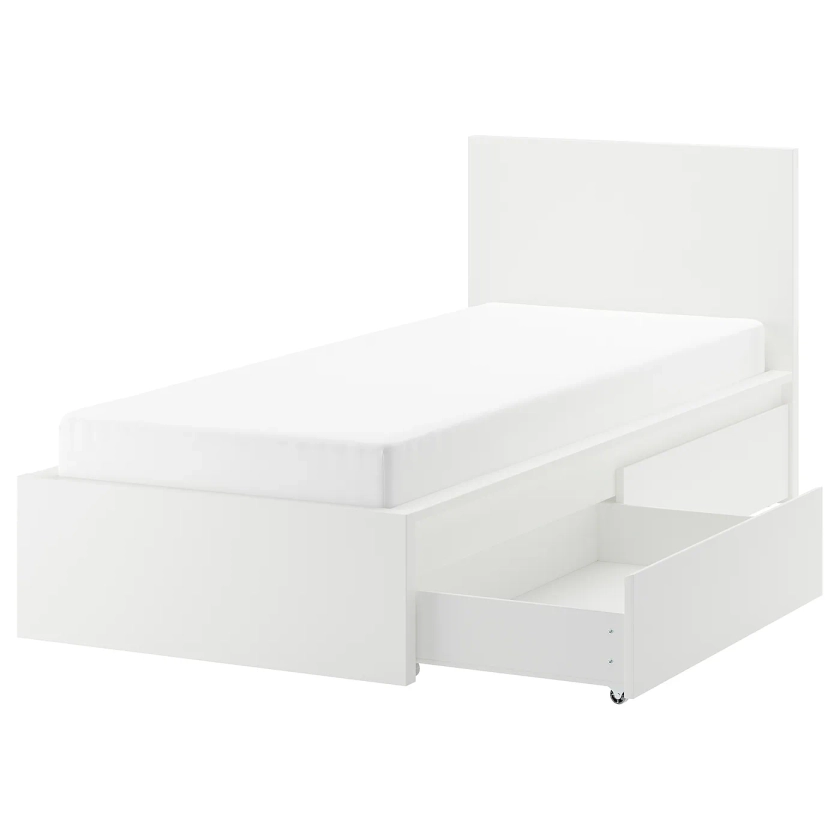 MALM bed frame, high, w 2 storage boxes, white/Luröy, Standard Single - IKEA