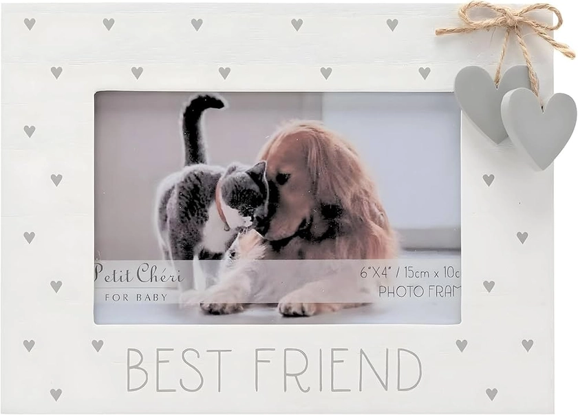 Pet Photo Frame for Dog, Cat or Other Pet - White Frame with The Wording 'Best Friend' & Two Grey Hanging Hearts on a Bow - 6'' x 4''