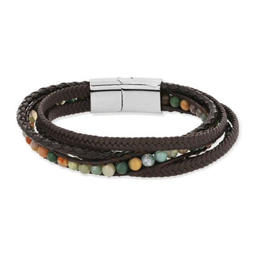 Bracelet multirang acier cordon tressé synthétique brun et pierres 22 cm | MATY