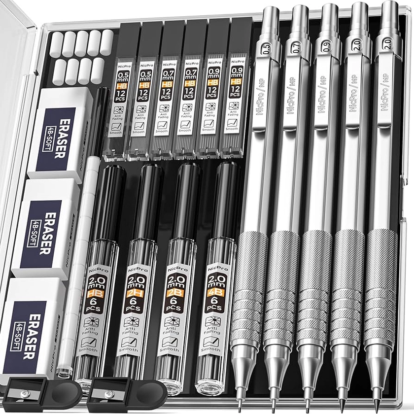Amazon.com : Nicpro 22PCS Metal Mechanical Pencil Set in Case, Art Drafting Pencil 0.5, 0.7, 0.9 mm & 2 PCS 2mm Graphite Lead Holder(4B 2B HB 2H) for Drawing Writing Sketching With 10 Tube Lead Refills Erasers : Office Products