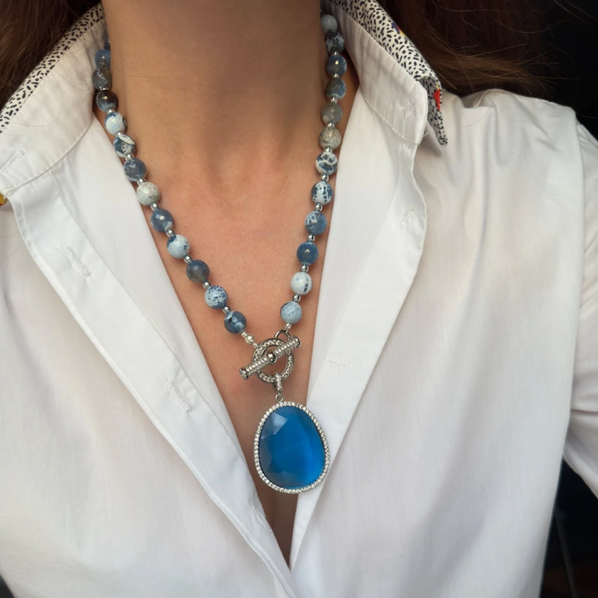Agate Necklace, Big Bold Statement Jewelry, Blue Gemstone Necklace for Women, Unique Gift for Her, Handmade Design - Etsy